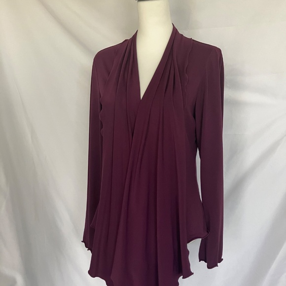 Woman’s Burgundy Open Front Lightweight Asymmetrical Ruffle Collar Cardigan - Picture 2 of 5
